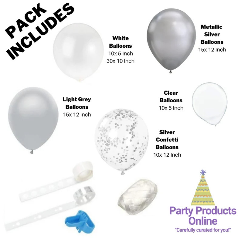 Balloon Arch Garland Kit - 90 Pieces Metallic Silver, Light Grey, White & Clear w/ Chrome Confett... | Etsy (US)