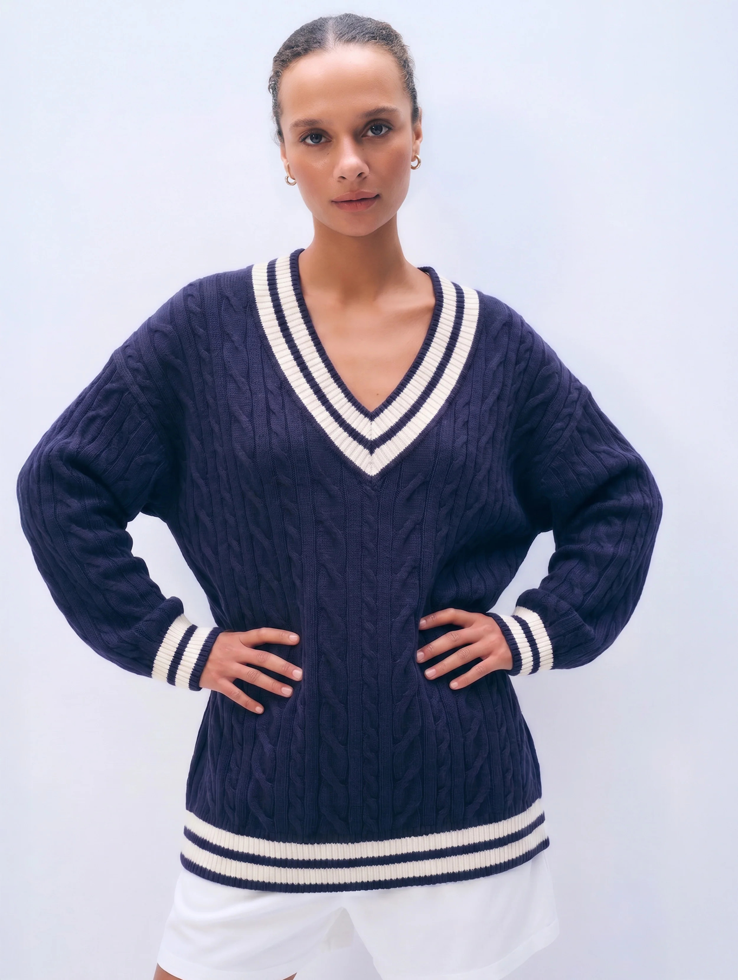 Varsity Cotton V Neck | Navy/Ivory | White and Warren