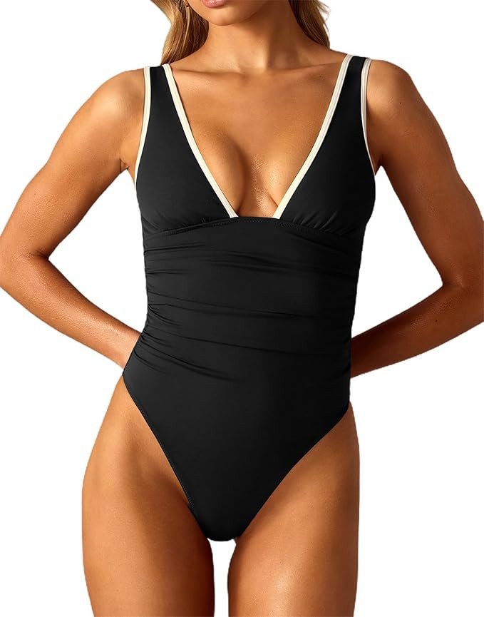 Women's Deep V Neck Tummy Control One Piece Bathing Suit Colorblock High Cut Ruched Swimsuit | Amazon (US)