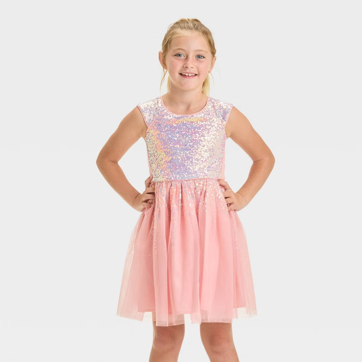 Girls' Short Sleeve Tulle Sequin Dress - Cat & Jack™ Light Pink S | Target