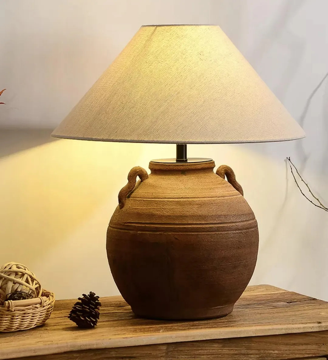 Handmade Rustic Ceramic Table Lamp, Distressed Pottery Bedside Light, Linen Shade BHY-019 | Etsy (US)