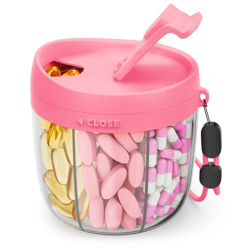 AMOOS Cute Pill Dispenser with 7 Large Compartments, Portable Pill Bottle Organizer with Wide Opening for Easy Use, Anti-Mix Pill Organizer for Travel, BPA-Free Pill Container, Hot Pink | Amazon (US)