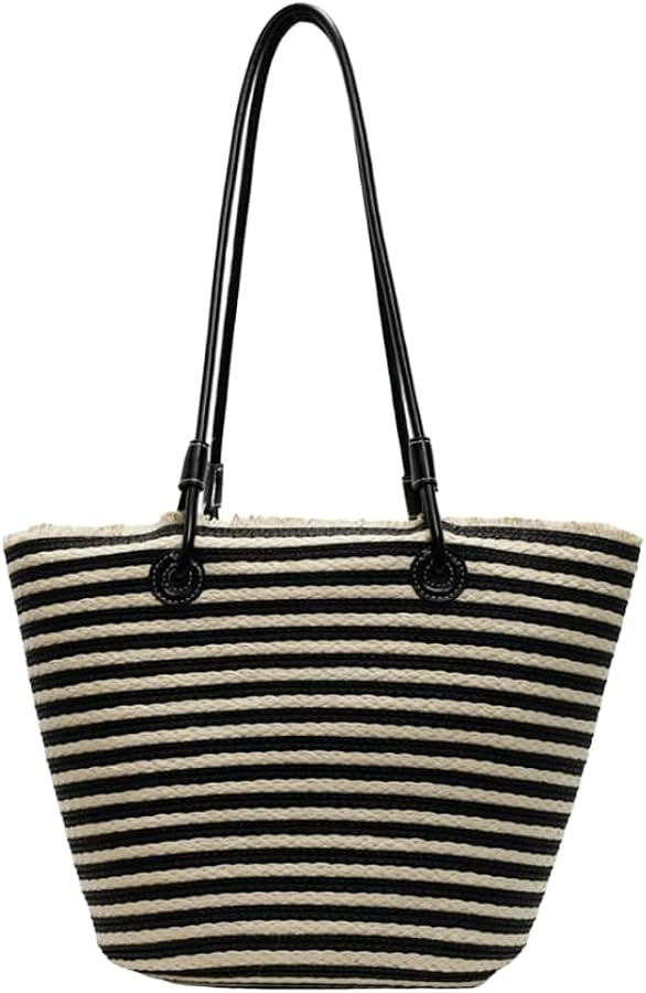 Retro Striped Straw Bucket Top Handle Purses Women\u2019s Classic Fringe Shoulder Bags Woven Bask... | Amazon (US)