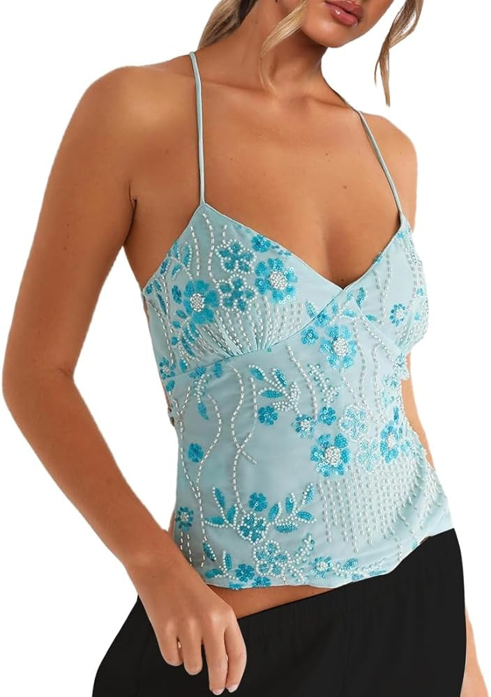 Y2K Women Cute Sparkle Backless Sequin Cami Top 2025 V Neck Open Back Criss Cross Straps Summer C... | Amazon (US)