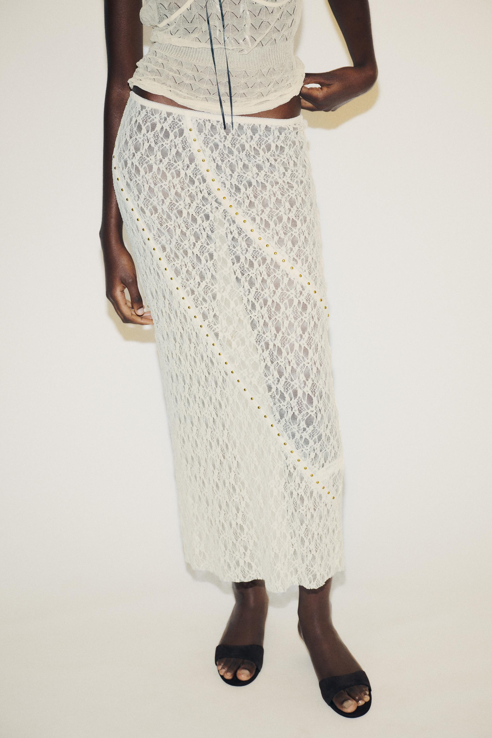 STUDDED LACE MIDI SKIRT | Zara US