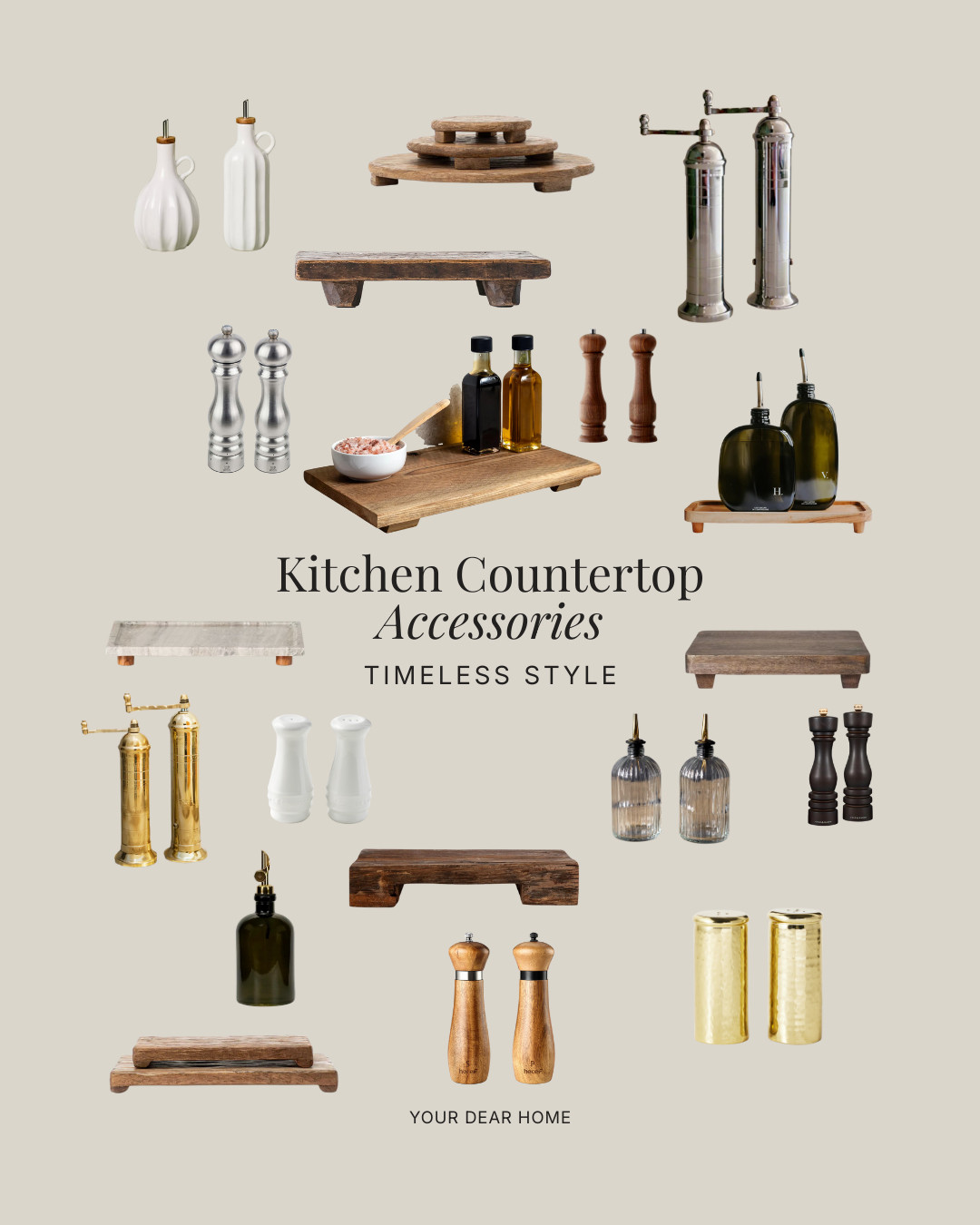 For kitchen countertop styling, I like keeping everyday items like oils, salt, or grinders next to something decorative. A tray or pedestal keeps the counter looking neat without feeling overdone. 

 #LTKHome