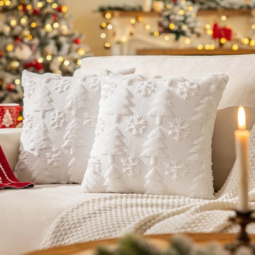 White Christmas Tree Throw Pillow Covers 18"x18" Set of 2, Winter Snowflake Decorative Pillow Cov... | Amazon (US)