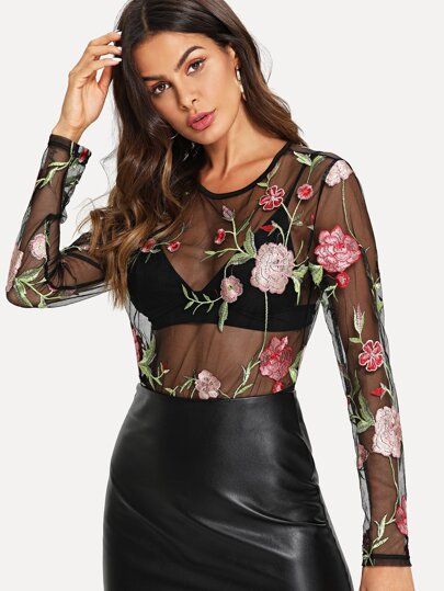 Floral Embroidered Sheer Bodysuit | SHEIN
