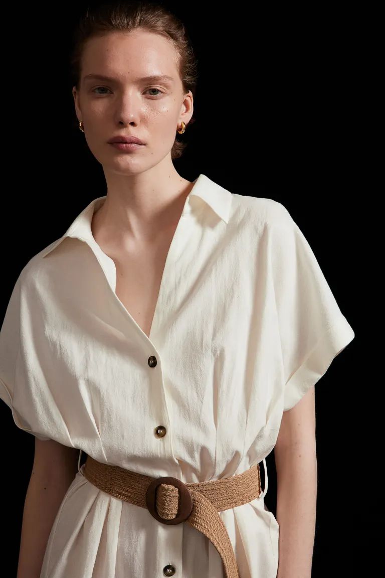 Shirt Dress with Belt - V-neck - Short sleeve - White - Ladies | H&M US | H&M (US + CA)