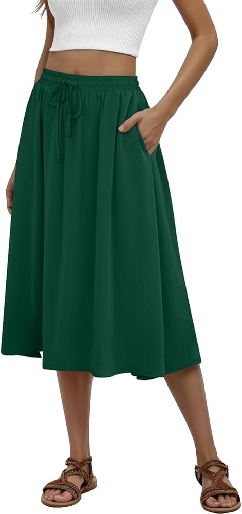 Women's Midi Skirt Summer Pleated Flowy Elastic High Waisted Skirts with Pockets | Amazon (US)
