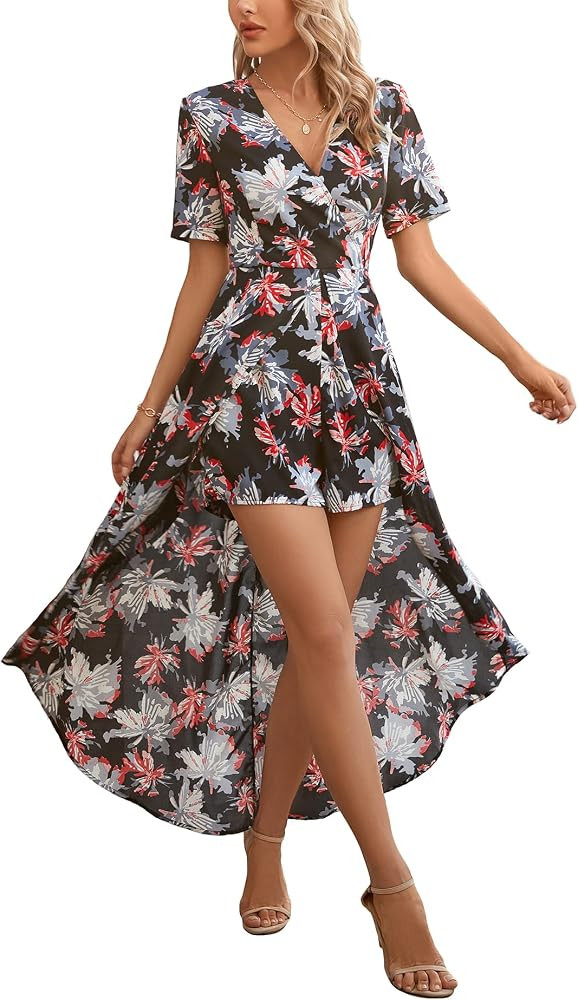 Womens Short Sleeve V Neck Floral Flowy Party Split Maxi Romper Dress | Amazon (US)