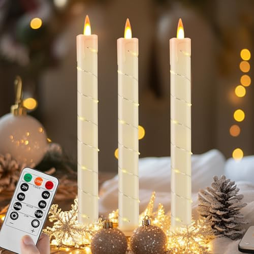 3 Pcs Flameless Taper Candles, Battery Taper Candles Flickering Flame with Embedded Star String, Candle Sticks Battery Powered with Remote Control, Timer Function Ideal for Christmas (Ivory) | Amazon (US)