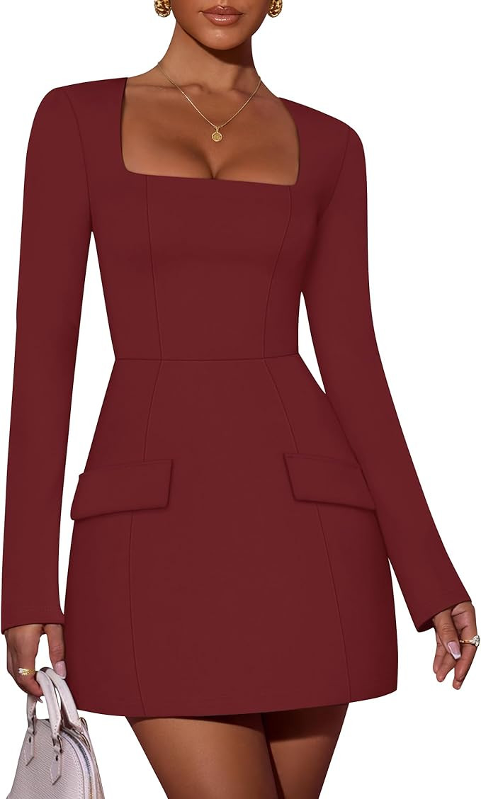 ZESICA Women's 2025 Fall Long Sleeve Bodycon Mini Dress Casual Square Neck Slim Fit Cocktail Part... | Amazon (US)