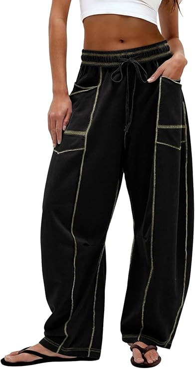 Dokuritu Barrel Sweatpants Women Casual Drawstring Elastic Waist Wide Leg Sweatpant with Pockets ... | Amazon (US)