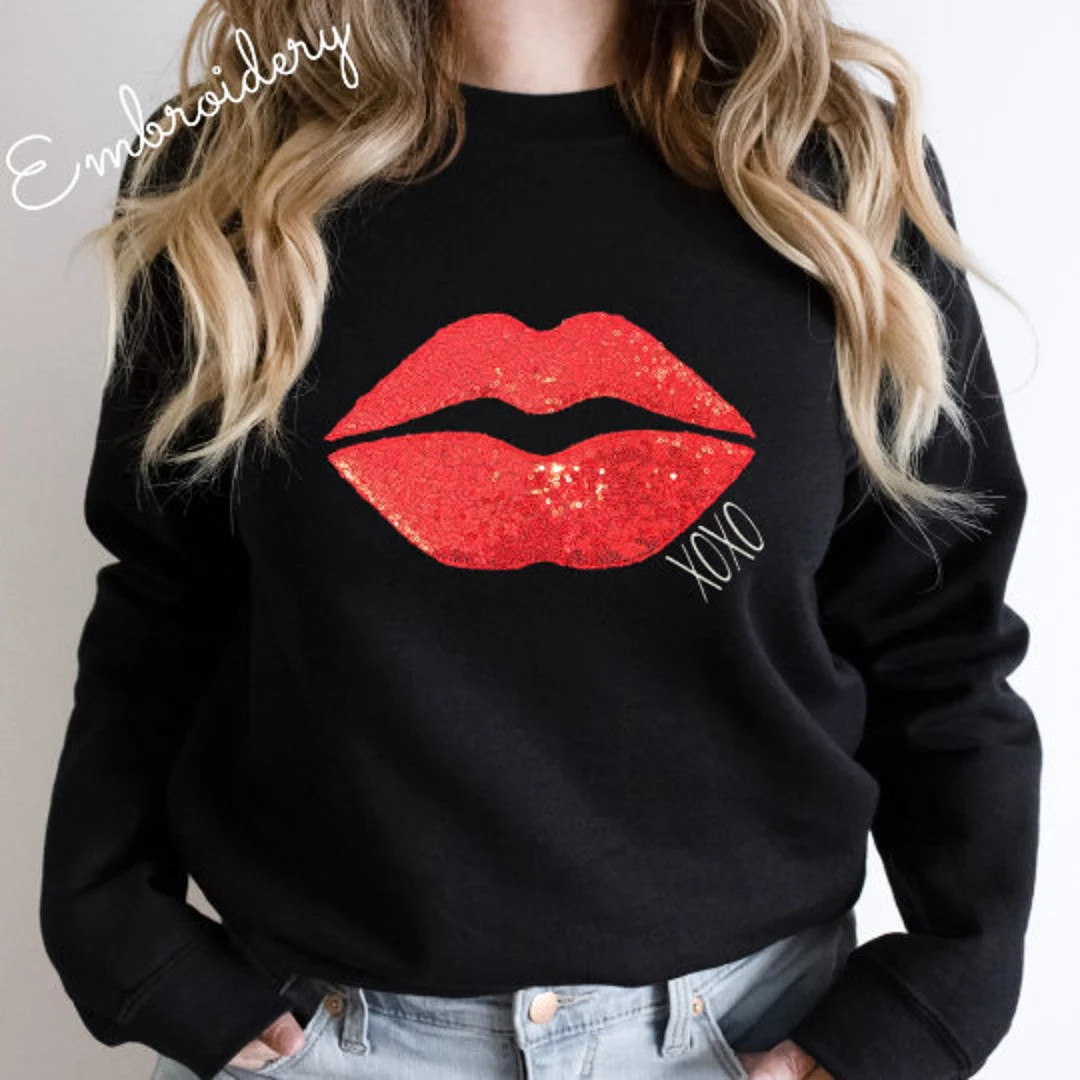 Embroidered Applique, REAL Sequin Lips XOXO Design, Valentines Day Sweatshirt, Red Sparkle Lips, ... | Etsy (US)