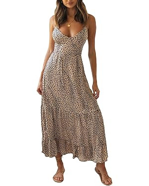 Women Print Dress Criss Cross Backless Swing Midi Dress Tie Back Maxi Long Bodycon Dress Vintage ... | Amazon (US)