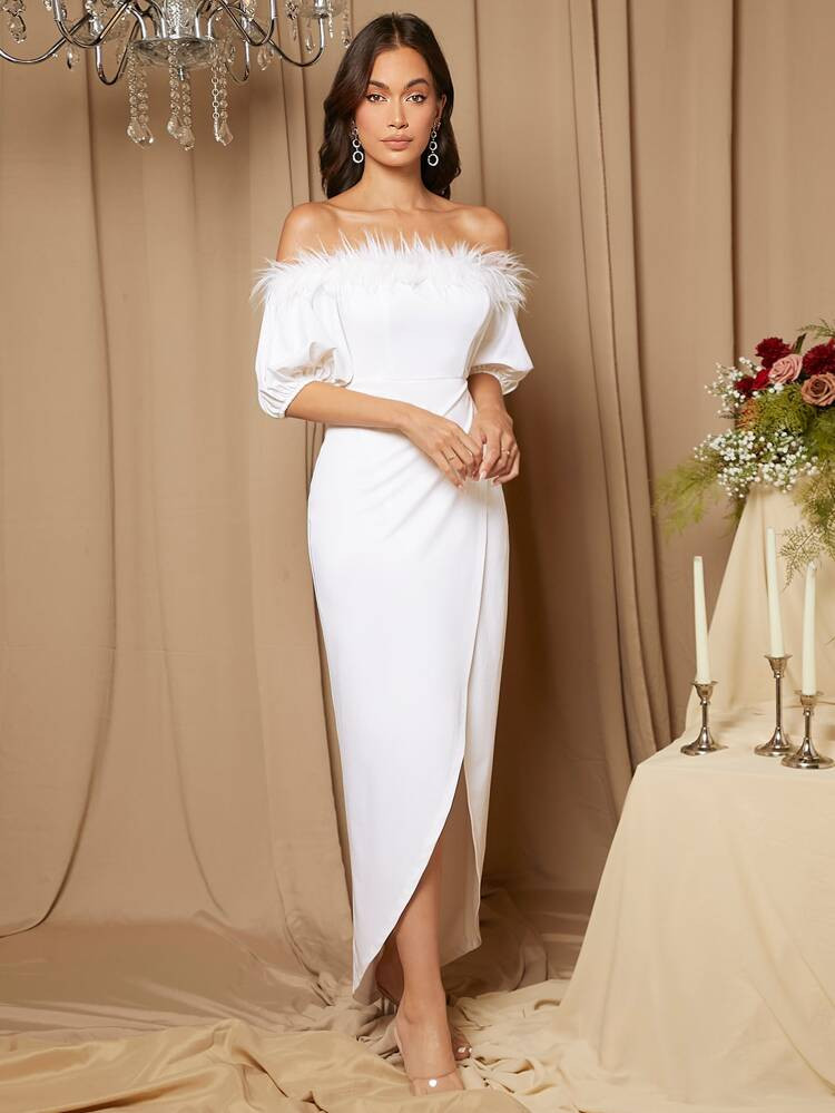 SHEIN Party Off Shoulder Fuzzy Trim Wrap Hem Wedding Dress | SHEIN
