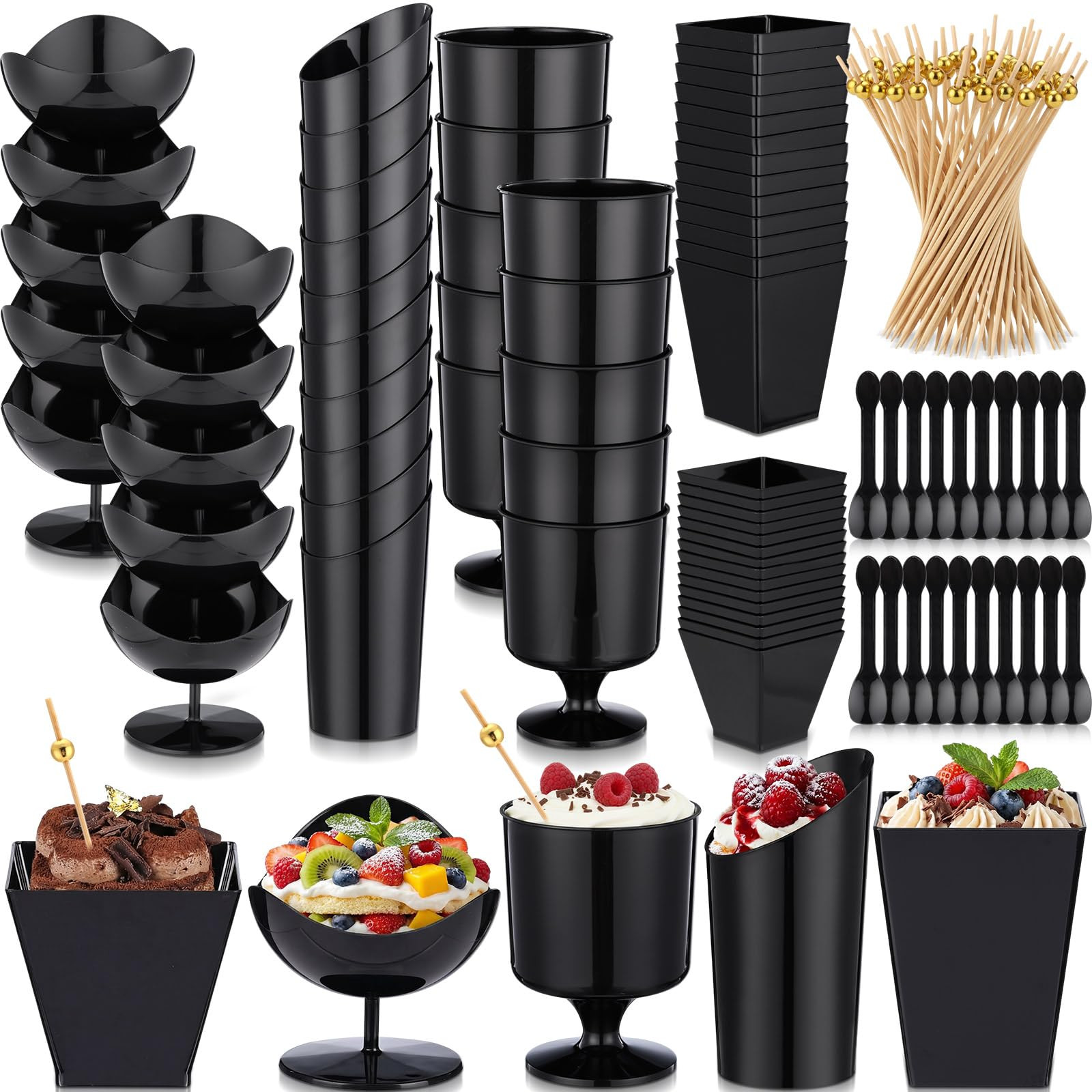 150 Pcs Plastic Dessert Cups with Spoons and Toothpicks, 2 and 5 oz 5 Styles Clear Mini Appetizer... | Amazon (US)