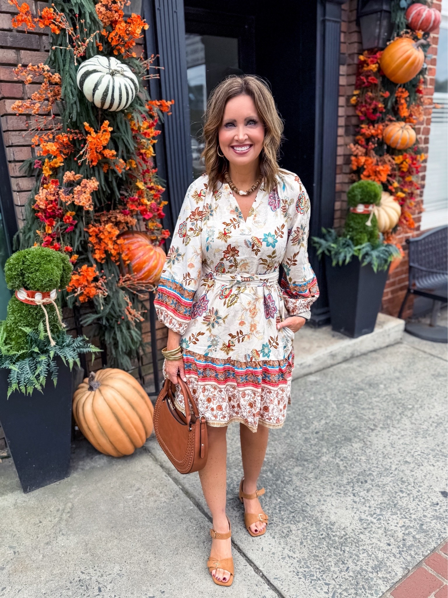 Fall dress - true to size 
I sized down 1/2 size in sandals 

Use code LAURA on necklace and earrings

#LTKootd #LTKOver40 #LTKmomlife