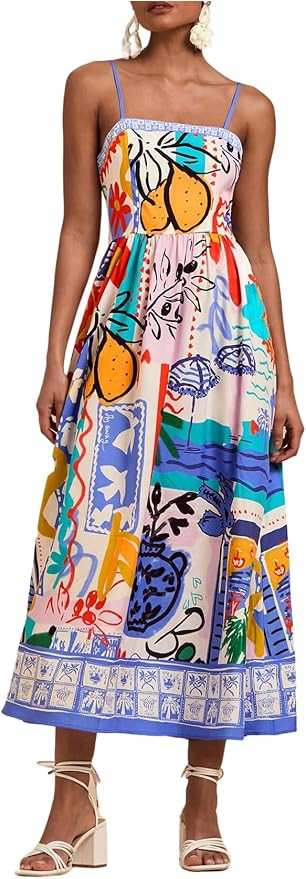 WDIRARA Women's Boho Floral Sleeveless Ruffle Maxi Dress Tropical Graphic Tie Shoulder Smocked Ca... | Amazon (US)