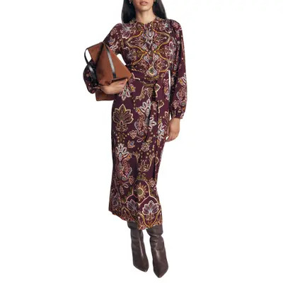 Boden Eli Belted Jersey Midi Dress in Dark Cherry/enchanted Flora at Nordstrom, Size 8 | Nordstrom