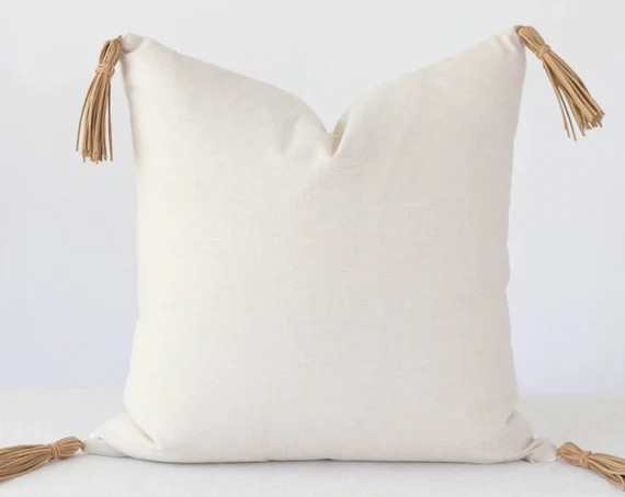 Linen and Leather Tassel Pillow Cover 20x20, Leather Pillow Lumbar, 18x18 Pillow Cover Leather, B... | Etsy (US)