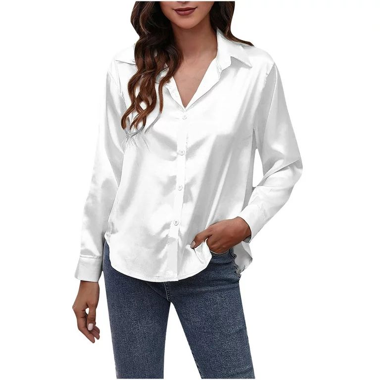 XFLWAM Silk Button Down Shirts for Women Long Sleeve Lapel Loose Drop Shoulder Satin Blouse Top W... | Walmart (US)