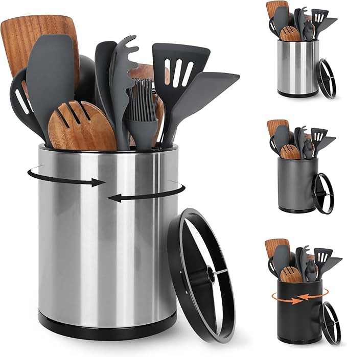Extra Large Kitchen Utensil Holder, 360° Rotating Stainless Steel Cooking Utensil Holder for Cou... | Amazon (US)