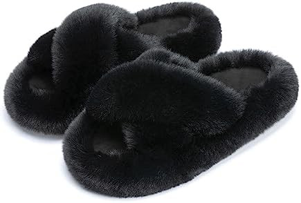 Chantomoo Women's Blue Memory Foam Faux Fur Lined Open Toe Slippers for Women - US 12 | Amazon (US)