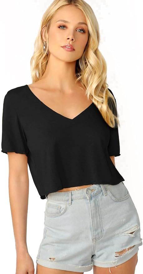Verdusa Women's Solid V Neck Crop T Shirt Top Causal Short Sleeve Tee Top | Amazon (US)