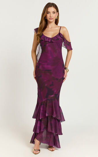 Riley Maxi Dress - Asymmetric Ruffle Detail Maxi Dress in Royal Adeana | Showpo (US, UK & Europe)