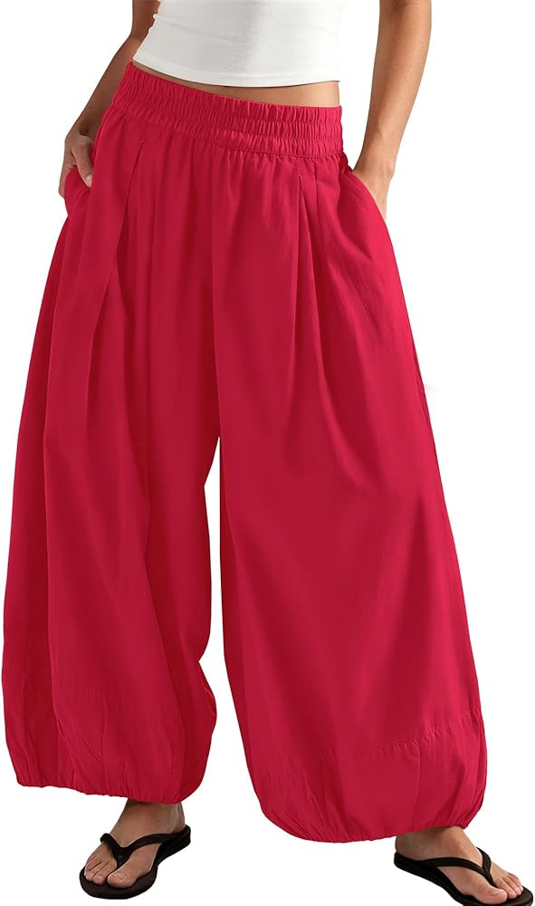 ReachMe Womens Barrel Wide Leg Pants Baggy Flowy Beach Pants Summer Balloon Trousers Travel Vacat... | Amazon (US)