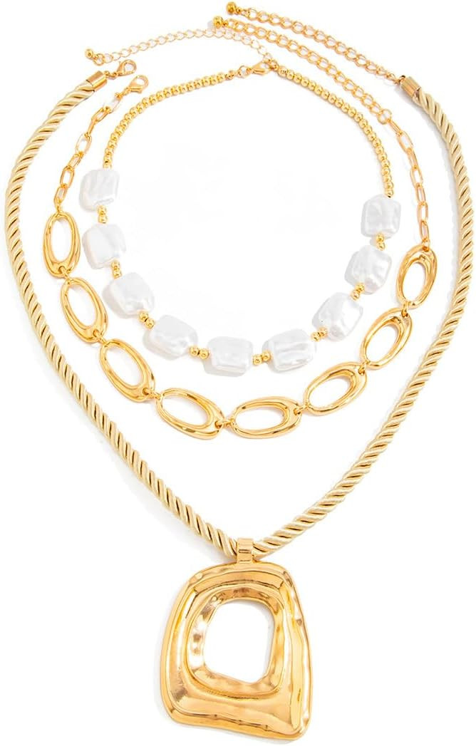 PLOUTOS Statement Modern Geometric Hollow Square Pendant Rope Chain Necklace for Women Bold Fashion Layering Collarbone Jewelry Party Wear Accessory | Amazon (US)