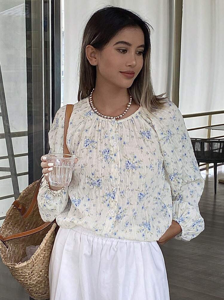 Livesso Women Ditsy Floral Lantern Sleeve Spring/Summer Long Sleeve Shirt Tops | SHEIN