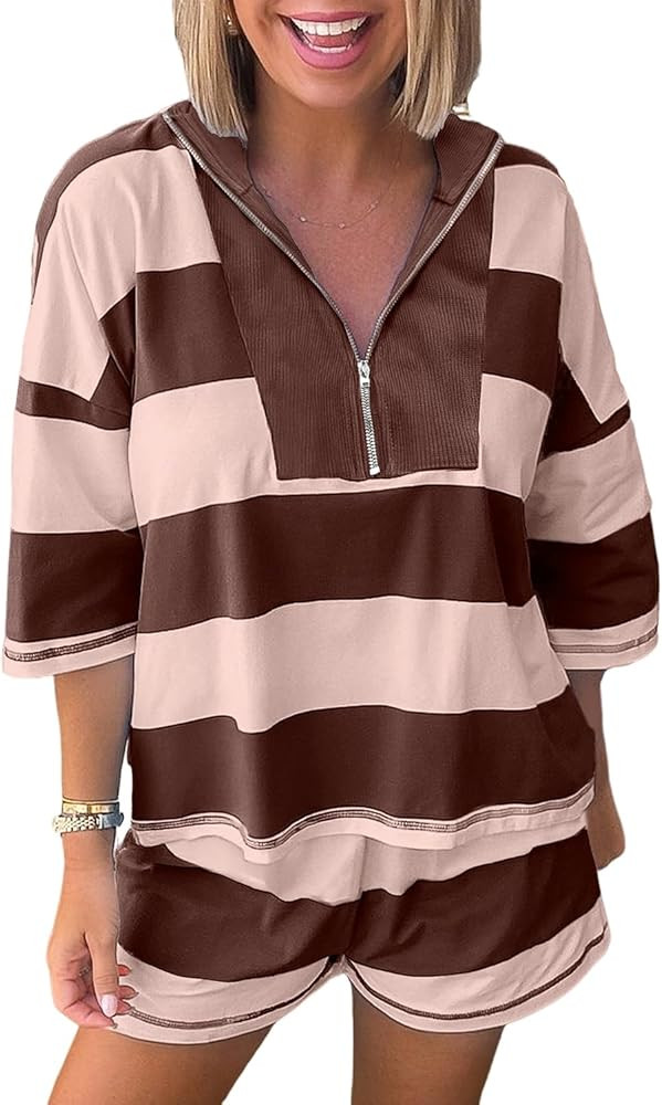 Ecosunny Womens 2 Piece Lounge Sets Matching Sets Stripe Seam Half Zip Tee Casual Shorts 2pcs Set... | Amazon (US)