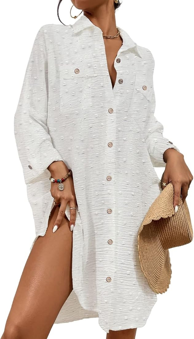 Eddoyee Swimsuit Cover Up for Women Long Sleeve Button Down Beach Shirt Dress Swiss Dot Bathing S... | Amazon (US)