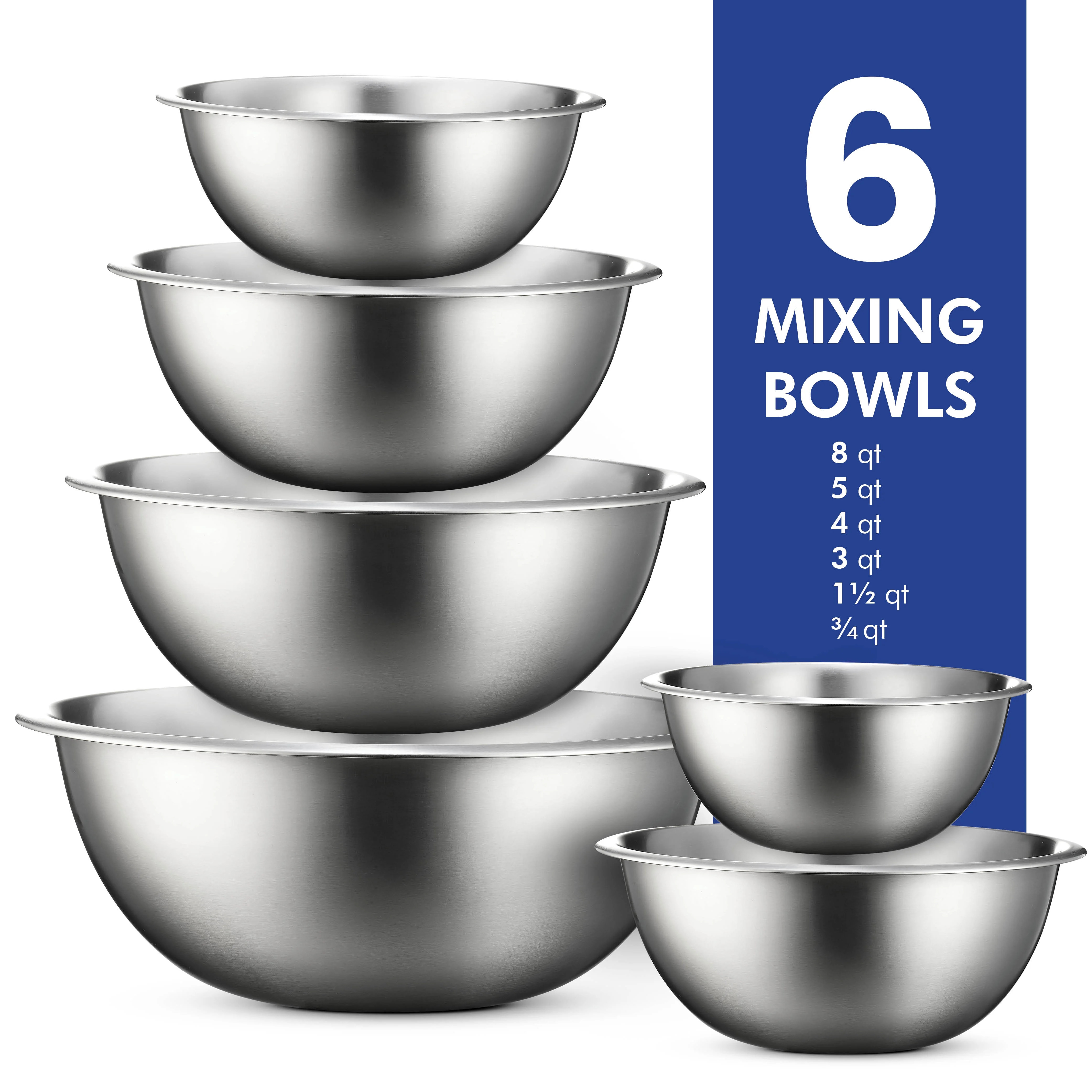 Stainless Steel Mixing Bowls (Set of 6) Polished Mirror Finish Nesting Bowls, ¾ - 1.5 - 3 - 4 - ... | Walmart (US)