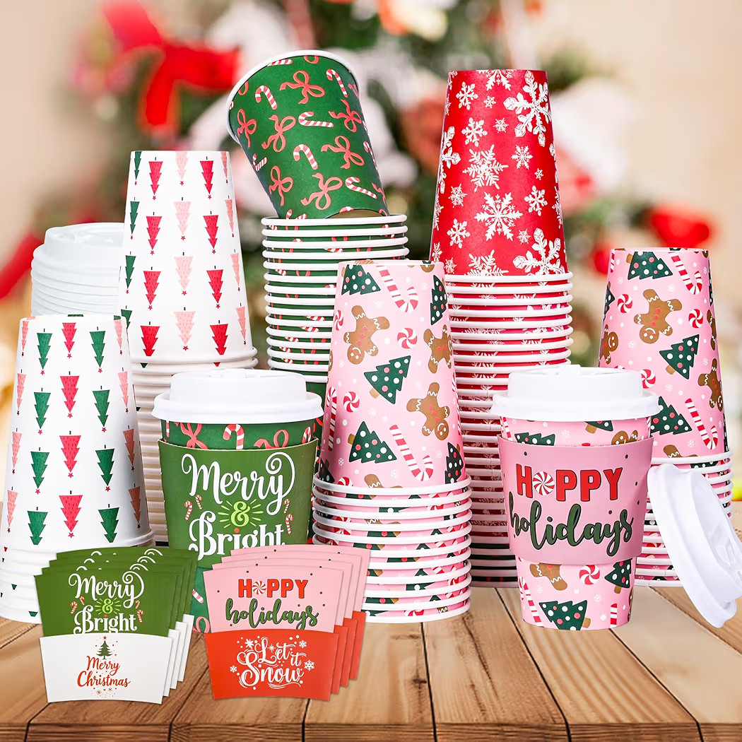100 Pack Christmas 12 Oz Coffee Cups with Lids & Sleeves, Christmas Disposable To Go Paper Coffee... | Amazon (CA)