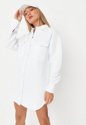 Missguided - White Quilted Button Up Shacket Dress | Missguided (US & CA)
