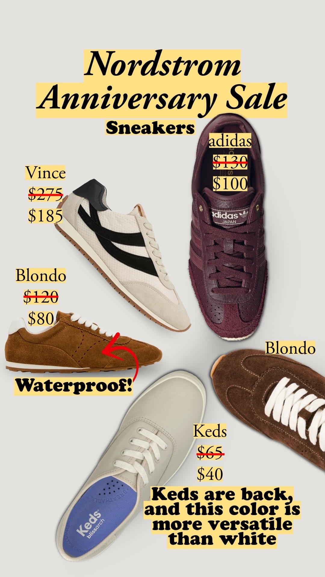 Blondo makes shoes I'd recommend even if they weren't waterproof. These waterproof suede sneakers have 5 colorways on sale now. Keds are back, and this oatmeal color is arguably more versatile than their classic white. Plus low profile options from adidas and Vince.

#LTKootd #LTKSaleAlert