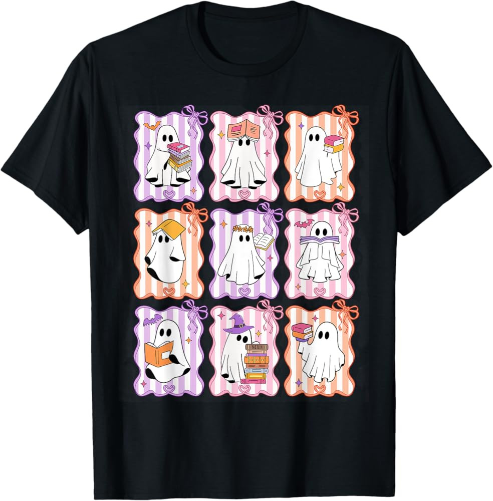 Preppy Spooky Ghost Reading Halloween Books Lover Teacher T-Shirt | Amazon (US)