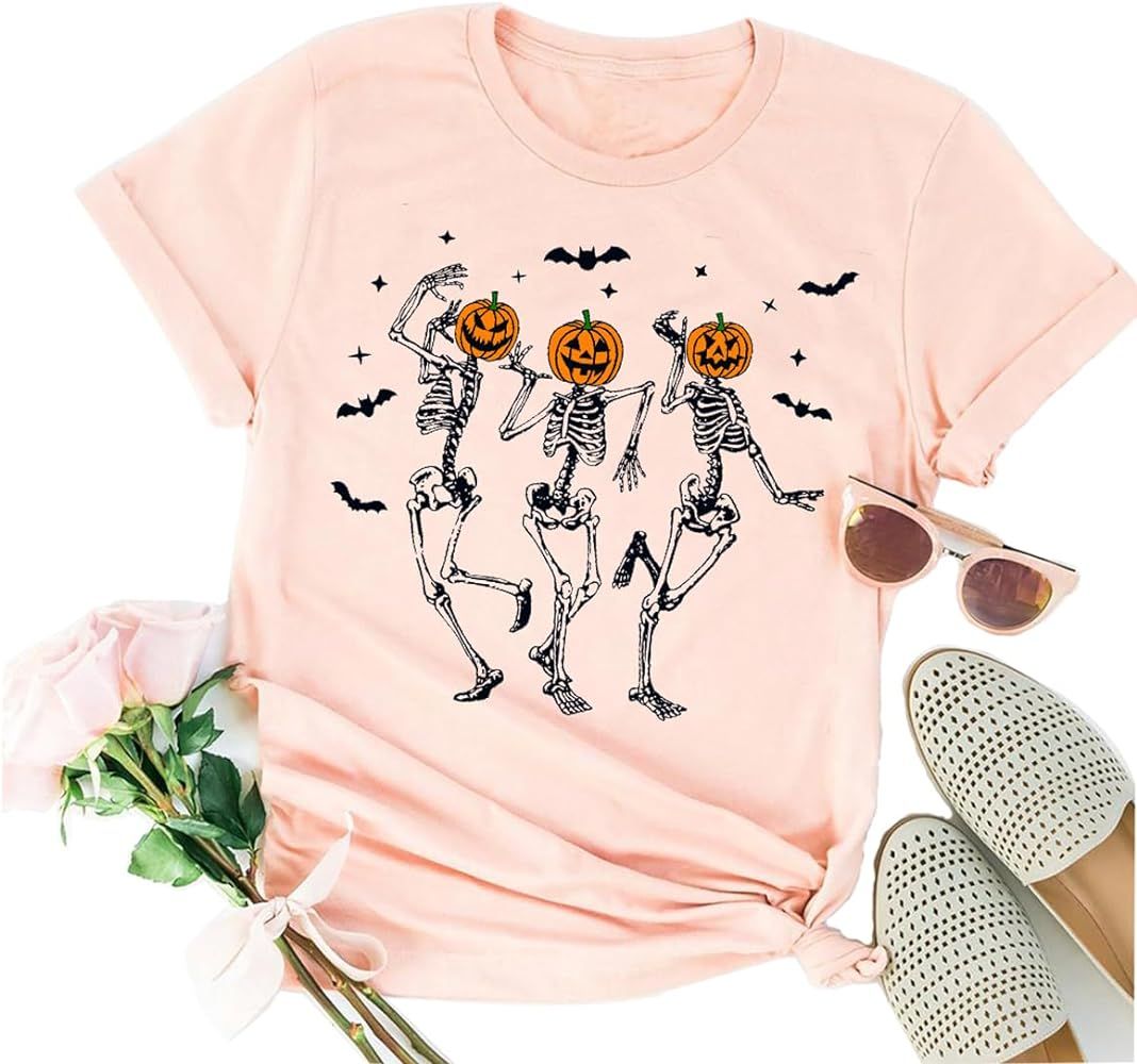 Happy Halloween T-Shirt Women Funny Cute Spider Web Short Sleeve Graphic Tee Top Loose Fit Tops | Amazon (US)