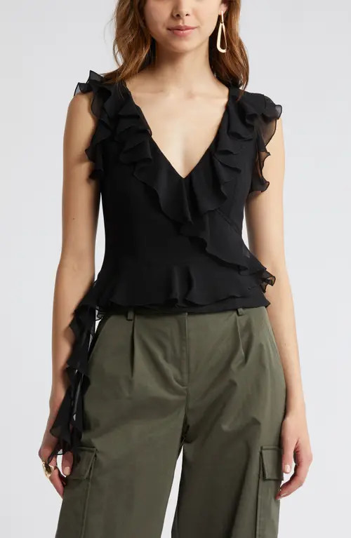 Open Edit Ruffle Sleeveless Crop Top in Black at Nordstrom, Size Small | Nordstrom