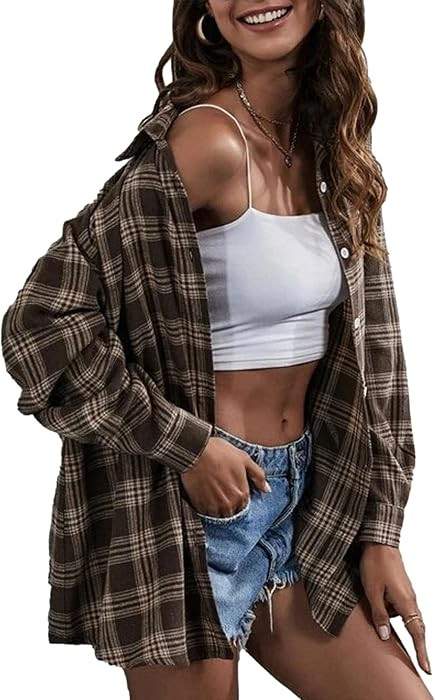 Flannel Shirt Women Oversized Plaid Shirts for Women Button Tops | Amazon (US)
