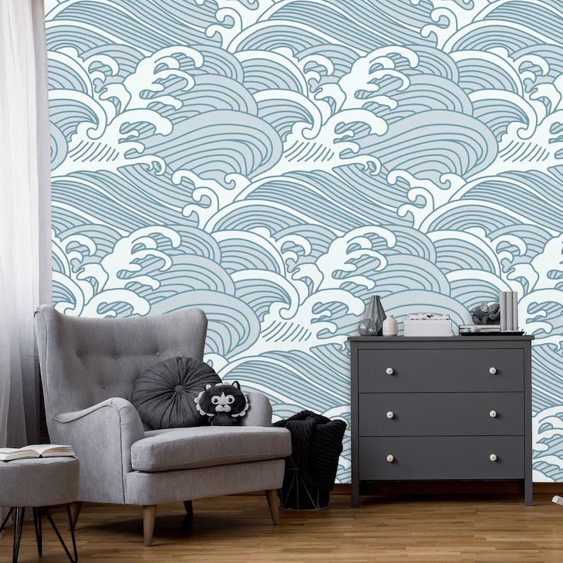 Chinese Waves Peel and Stick Wallpaper  Removable Blue-gray - Etsy | Etsy (US)