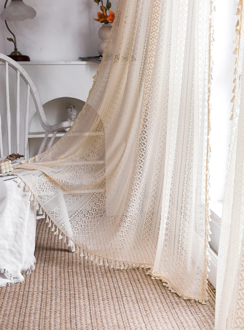Boho Curtainbeige Crochet Curtain Bohemian Sheer - Etsy | Etsy (US)