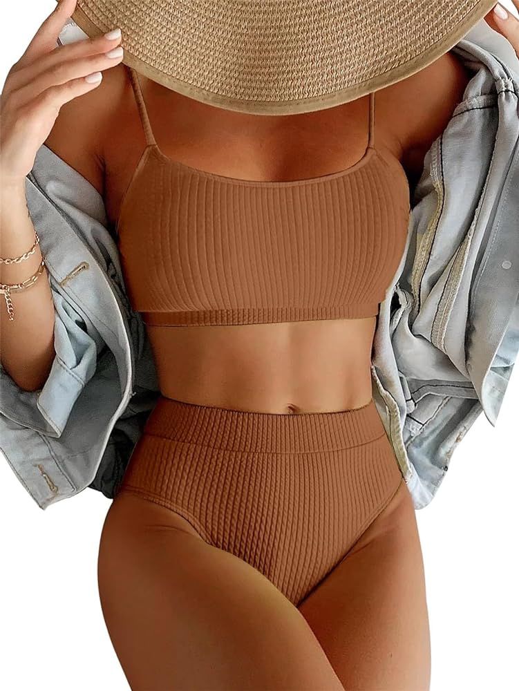 JJAI Womens High Waisted Bikini Set Ribbed Two Piece Bathing Suits Swimsuit Spaghetti Strap Swimw... | Amazon (CA)