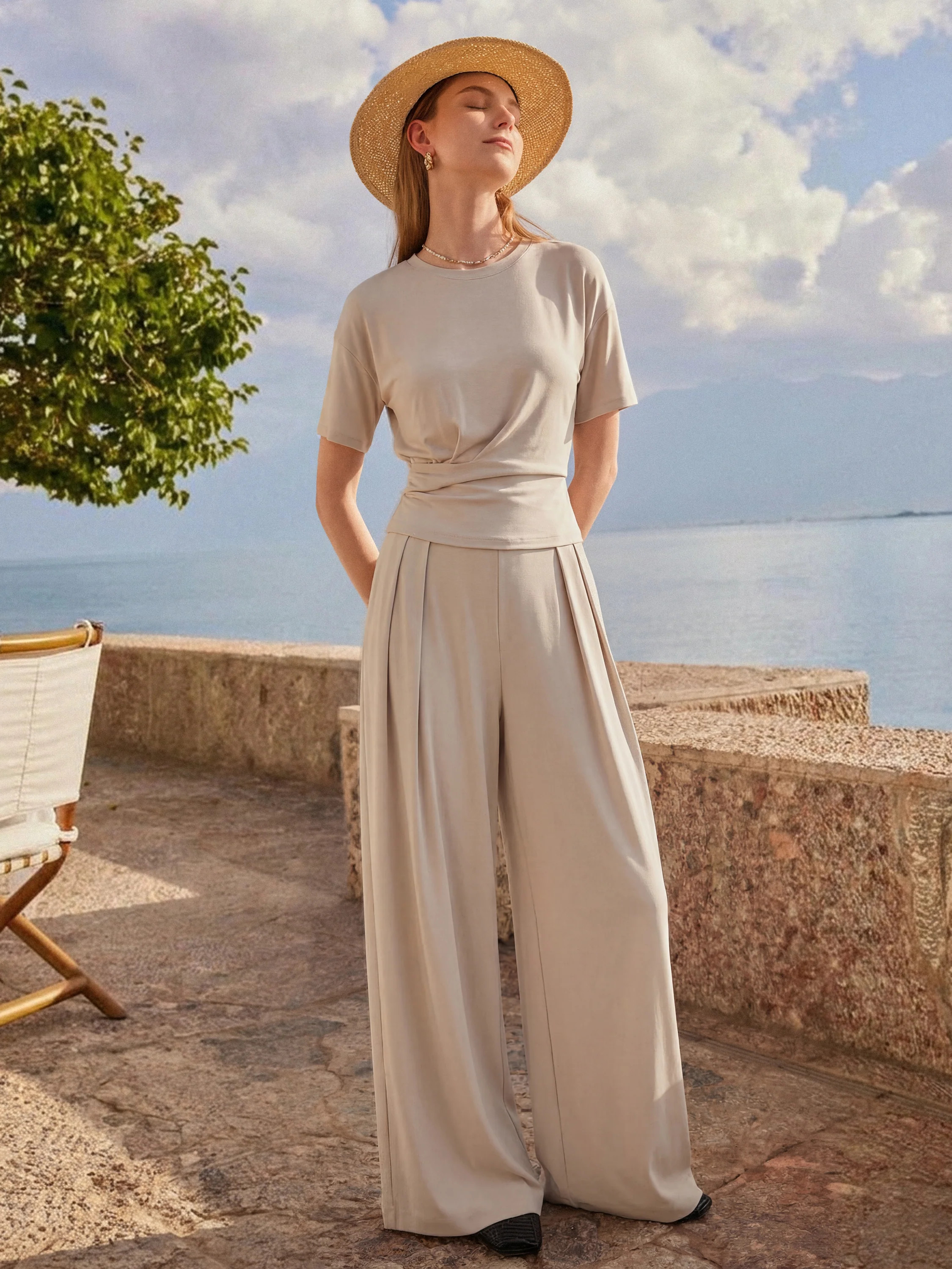 2Pcs Set Crewneck Short Sleeve Tee & Mid Rise Pleated Wide Leg Pants with Pockets | OGLmove