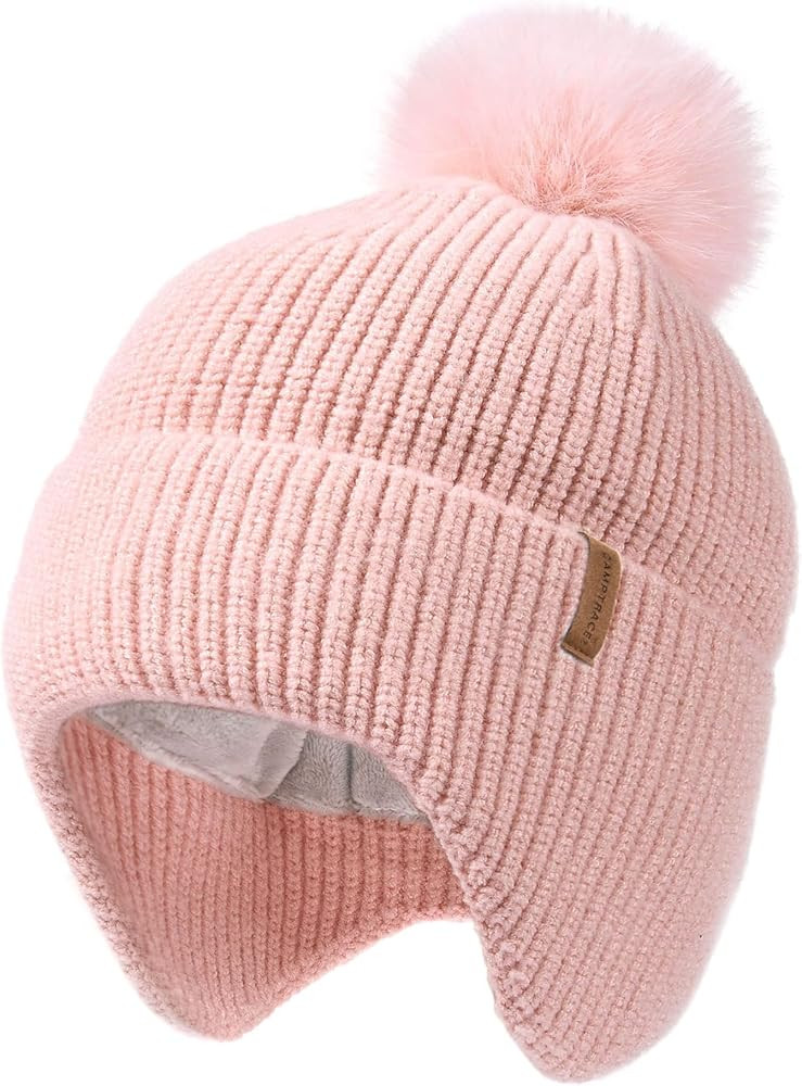 Toddler Baby Winter Hat Warm Fleece Lined Knit Kids Hat with Earflap Infant Newborn Pom Pom Beani... | Amazon (US)