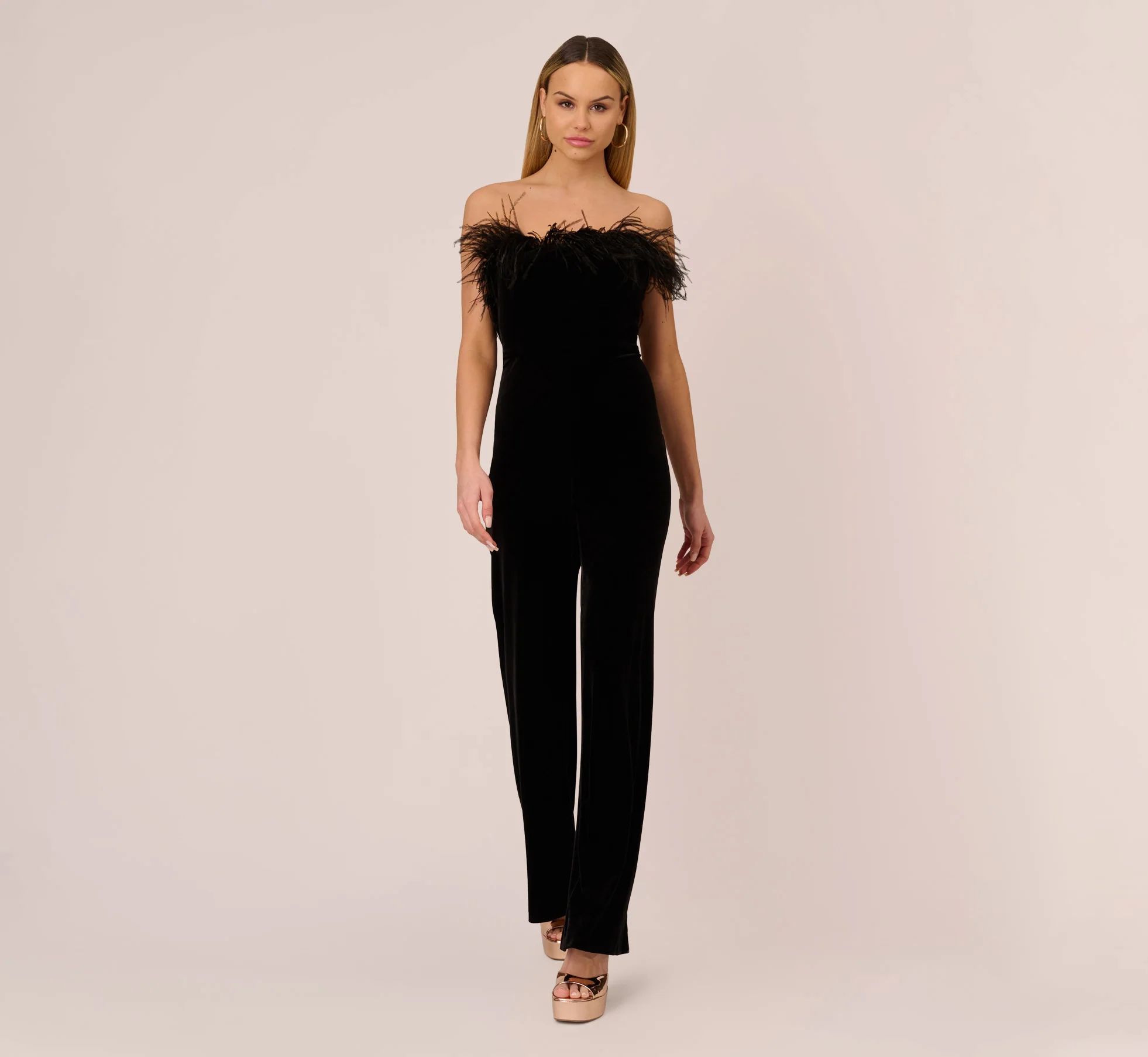 Feather Trimmed Strapless Velvet Jumpsuit In Black | Adrianna Papell